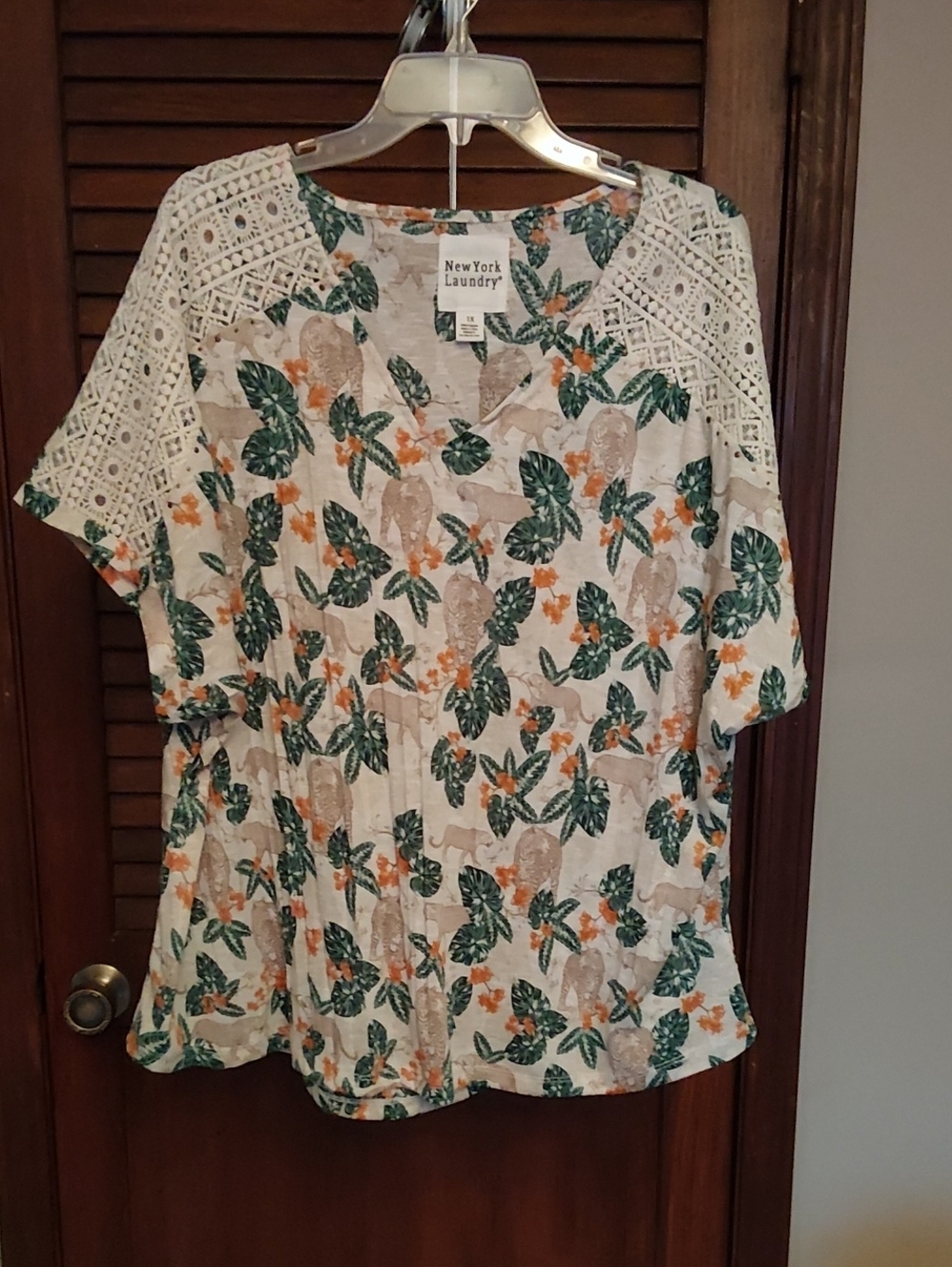 New York Laundry Cream Tropical Leaf Crochet-Trim Women's Tunic